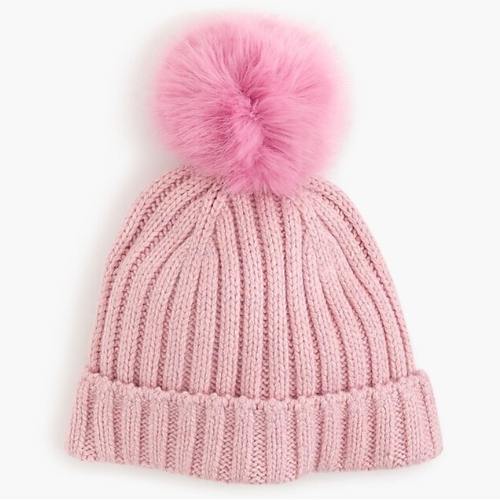 J. Crew Cashmere Blend Light Pink Knit Beanie with Faux Pom-Pom
